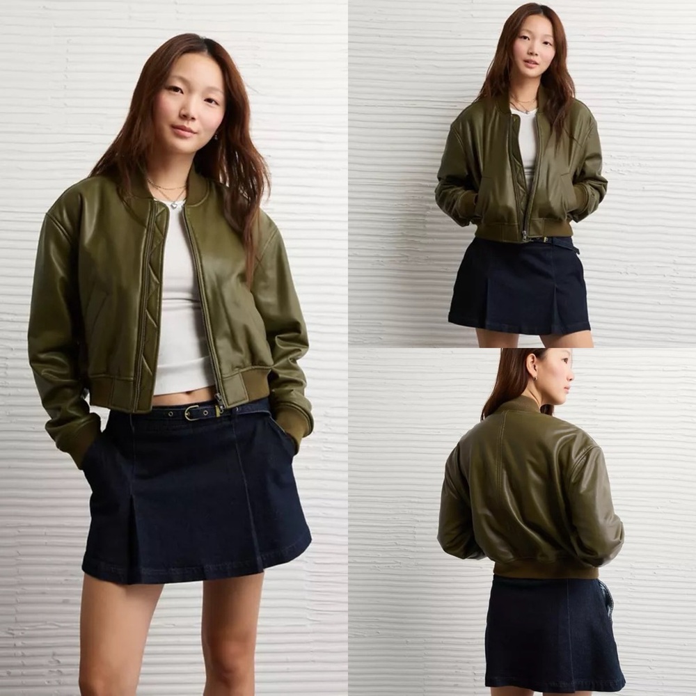 American Eagle Women's Faux Leather Cropped Bomber Jacket Size XL Olive Green